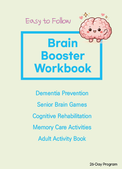 A pastel green cover of a 'Brain Booster Workbook' featuring a cute cartoon brain illustration. It outlines a 26-day cognitive rehabilitation and memory care program for adults and seniors.