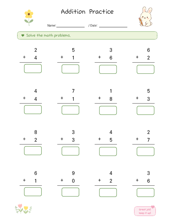 Free Printable Step 1 Addition Worksheets for Kindergarten